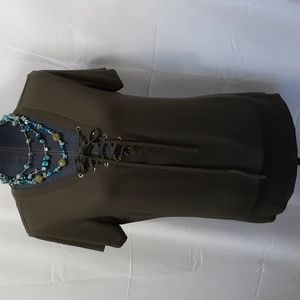 Dreagal Large Stretchy Olive Green Short Sleeve Lace Up Front Top